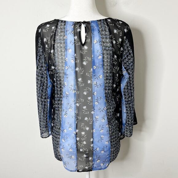 Style & Co Womens Peasant Top M Blue & Black Floral Mix Print Bell Sleeve Sheer - Picture 7 of 10